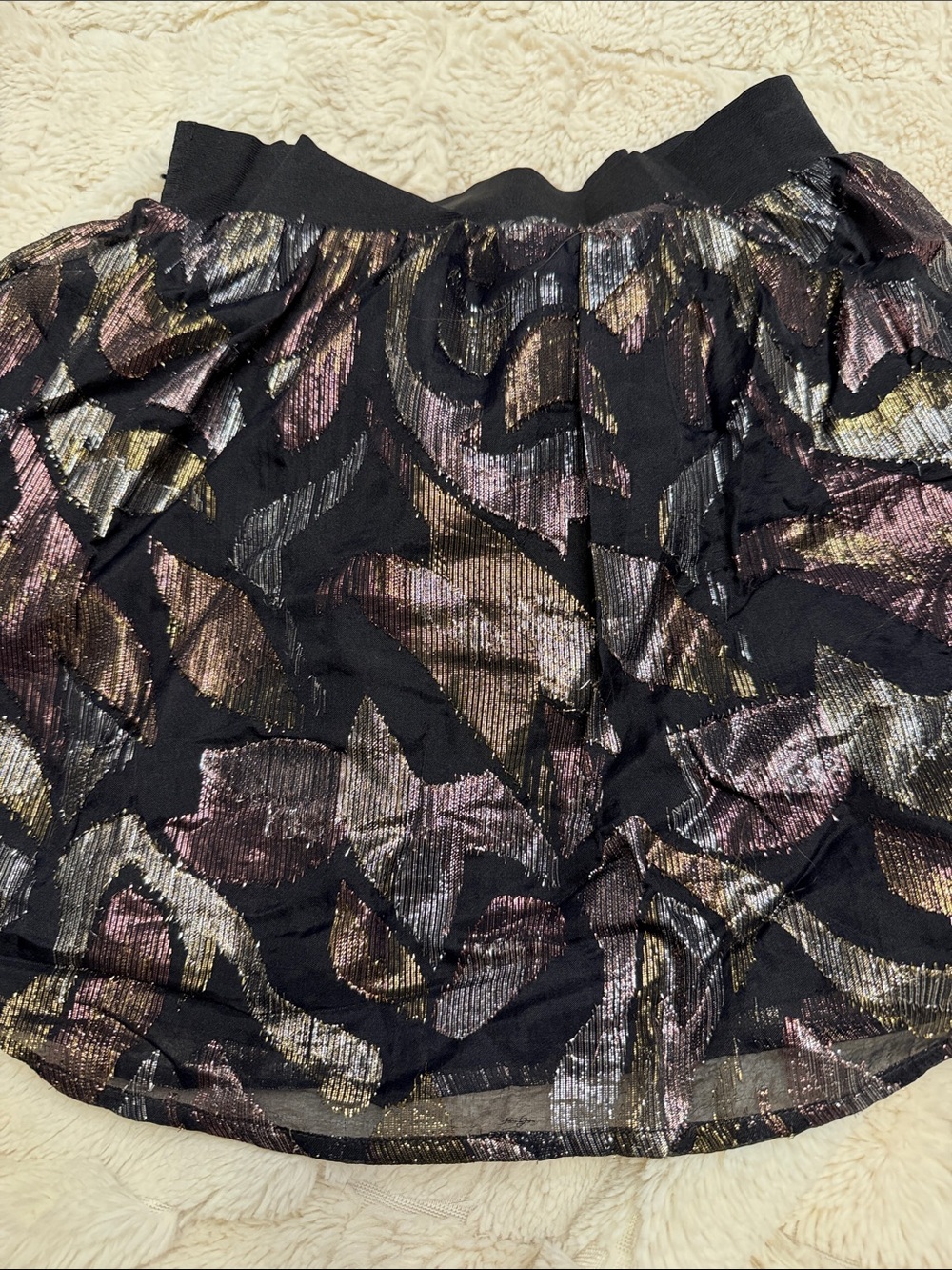 Women's Black Metallic Leaf-Print Skirt